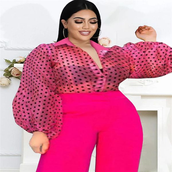 women's plus size tshirt rose turn down collar long puff sleeve see through organza polka dot blouse office lady evening233c, Black